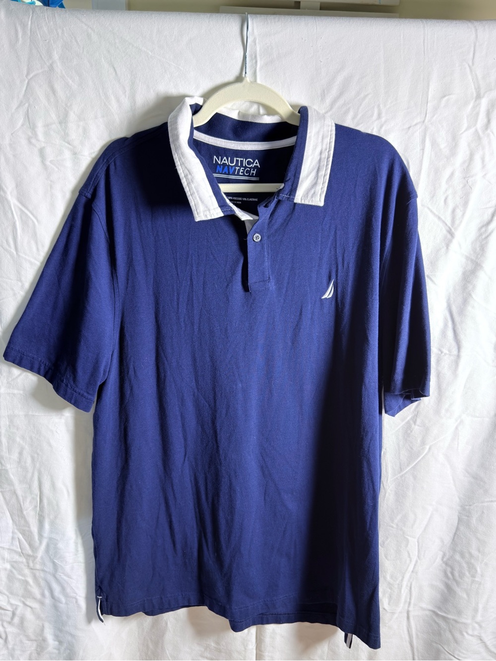 Nautica NavTech Men’s XXL Navy Blue Stretch Polo Shirt White Collar